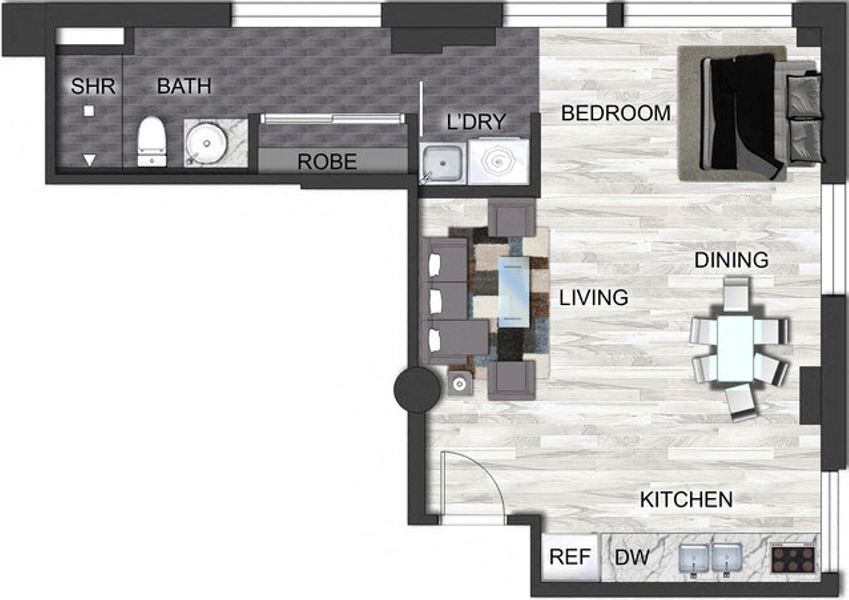 Floor plan for studio, 1 bath, 598 sqft